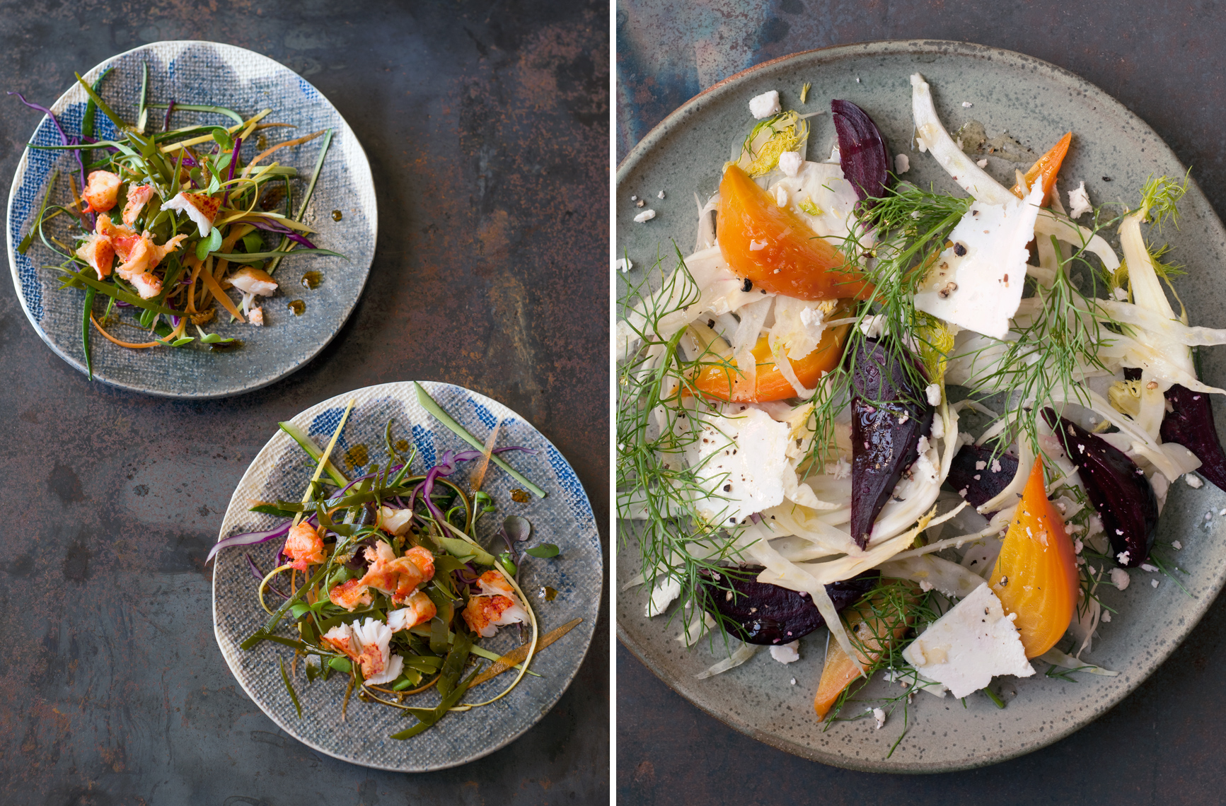 kelp lobster salad and beet salad